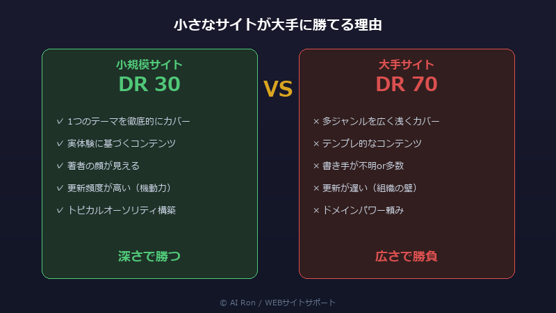 小規模サイト（DR30）vs 大手サイト（DR70）の比較。深さで勝つか、広さで勝負するか